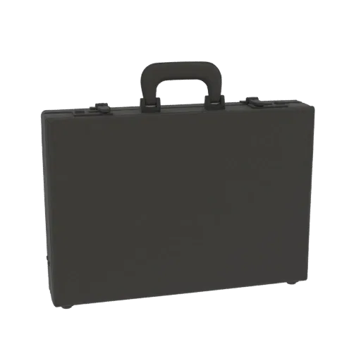 A realistic 3D model of a classic, dark grey briefcase with a top handle, presented on a white background.