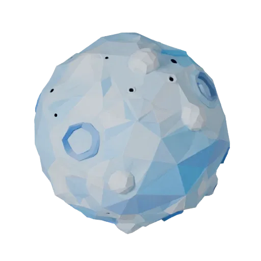 Ice Asteroid Field Low Poly 3D model, game viewport three-quarter view, showing rock, spherical body scale.