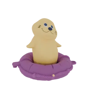 3D model of a cute yellow seal with blue eyes sitting in a purple inflatable ring, isolated on a white background.