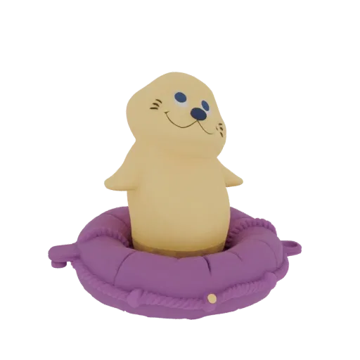 3D model of a cute yellow seal with blue eyes sitting in a purple inflatable ring, isolated on a white background.