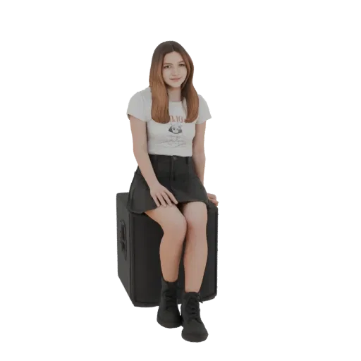 3D model of a young woman with brown hair, wearing a white graphic t-shirt and black skirt, sitting on a black speaker.