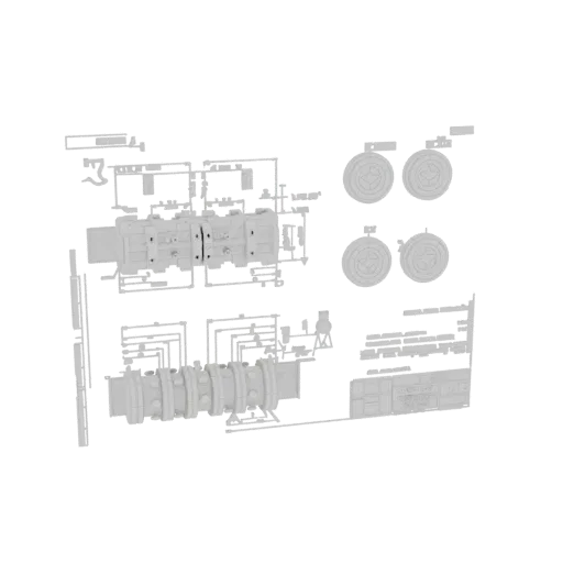 3D-Modell-Vorschau eines modularen Sci-Fi-Lagers mit zylindrischen Tanks und rechteckigen Modulen, neutral grau gerendert.