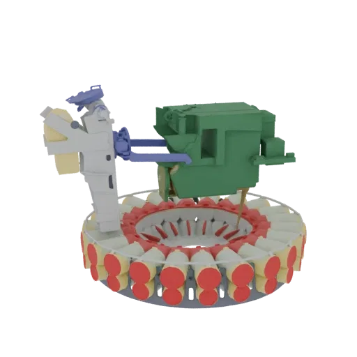 3D render of a white and blue robotic arm reaching towards a large circular drum magazine with red and yellow components.