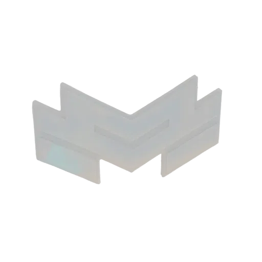 3D model of the BKMC logo, a white, geometric chevron design with a subtle iridescent sheen, set against a black background.