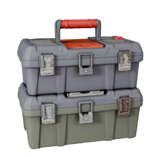 Modelo 3D realista Caja de Herramientas, render de estudio tres cuartos, mostrando plástico, aberturas utilizables.