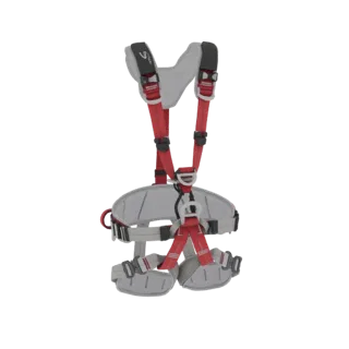 Modello 3D di un'imbracatura di sicurezza professionale con cinghie e imbottiture rosse e grigie, mostrata su sfondo bianco.