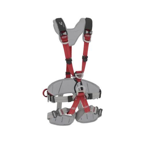 3D model of a professional safety harness with red and grey straps and padding, shown against a white background.