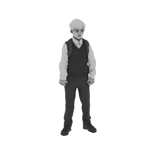 3D model of a young boy in a school uniform, standing with hands at his sides, looking forward.
