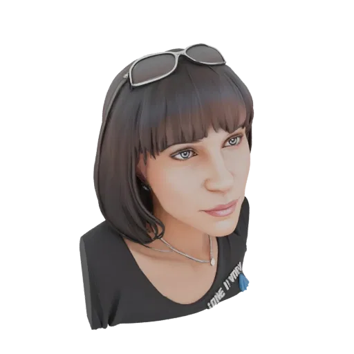 3D model render of a woman's bust wearing sunglasses, with short dark hair and a black t-shirt.