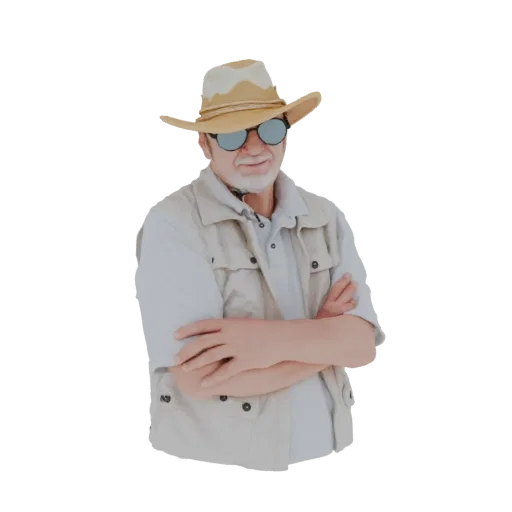 3D model of a man with a cowboy hat and sunglasses, arms crossed, looking forward.