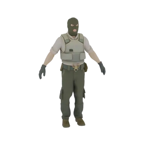 3D model of a tactical operative wearing a balaclava, tactical vest, and cargo pants, standing against a white background.