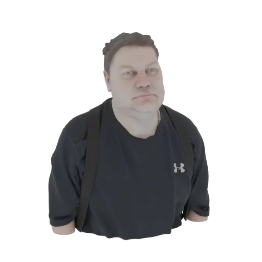 3D model of a man wearing a black t-shirt and dark suspenders, with a neutral expression and short brown hair.