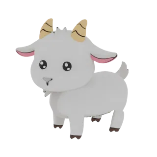 A 3D render of a cute, stylized white cartoon goat with large eyes and small horns, standing on a white background.