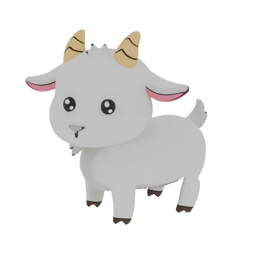 A 3D render of a cute, stylized white cartoon goat with large eyes and small horns, standing on a white background.