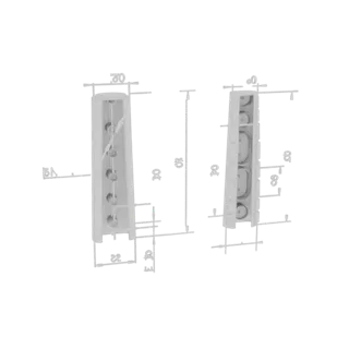3D model of a white plastic mounting bracket with multiple screw holes and a ribbed interior, shown with dimension lines.