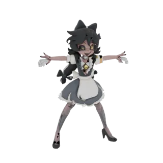 3D model of a gothic maid catgirl with black hair, yellow eyes, wearing a maid outfit and mechanical legs, in a dynamic pose.