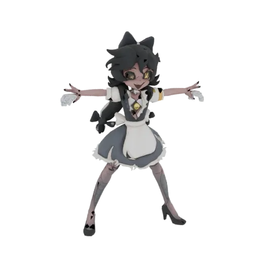 3D model of a gothic maid catgirl with black hair, yellow eyes, wearing a maid outfit and mechanical legs, in a dynamic pose.