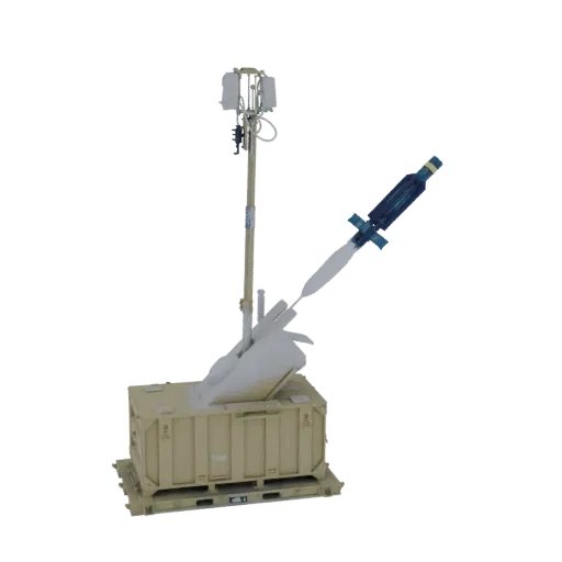 3D model of a mobile missile launcher system with a raised antenna tower and a missile in launch position, set against a whit