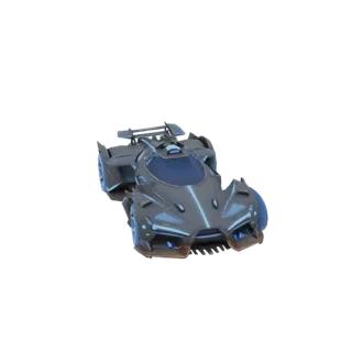 3D model of a cyberpunk flying car, black with blue neon lines, on a dark background