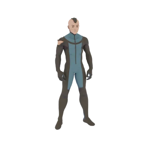 3D model of a sci-fi character with a mohawk, wearing a dark grey and blue futuristic suit, standing against a white backgrou