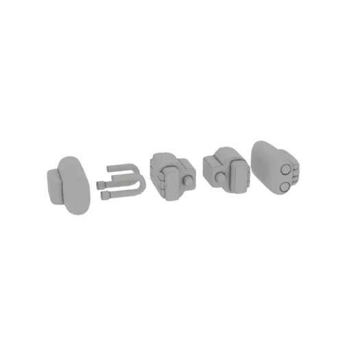 Un rendu 3D d'un ensemble de cinq composants mécaniques sci-fi gris disposés en ligne sur fond blanc.