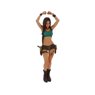 Modello 3D di Lara Croft in abbigliamento da avventuriera, in posa dinamica con le braccia alzate.