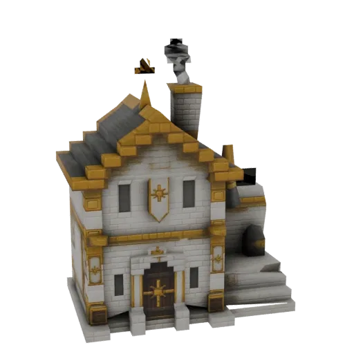 3D model of an ornate medieval building with white stone walls, gold trim, a large wooden door, and a smoking chimney.