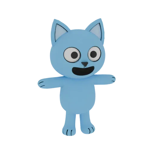 A 3D render of a cute, stylized blue cat character with large eyes and an open mouth, standing in a T-pose.