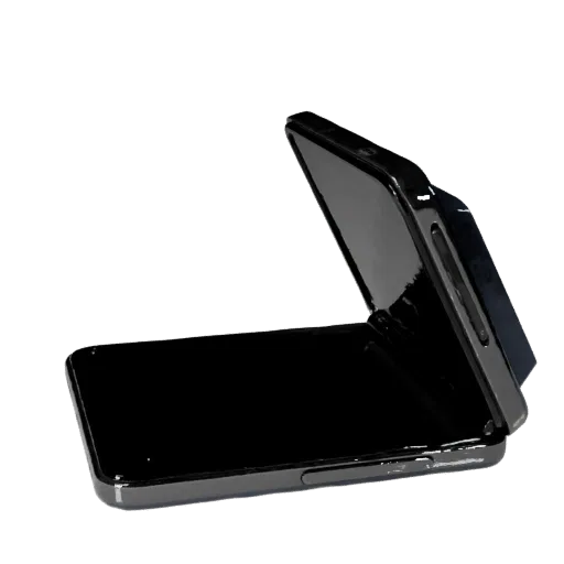 Foldable Gaming Phone Low Poly 3D model, game viewport three-quarter view, showing glass screens, form detail.