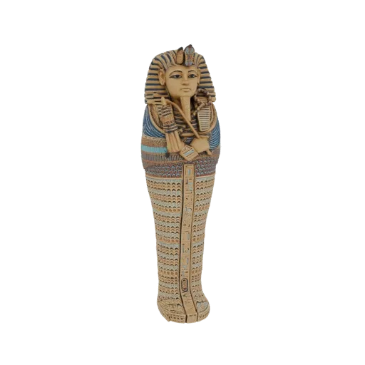 3D model of a miniature Egyptian sarcophagus with striped headdress and hieroglyphic details, set against a white background.