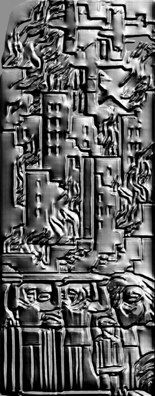 3D model of the "Two Monuments" bas-relief in ancient medal style, depicting two monumental figures.