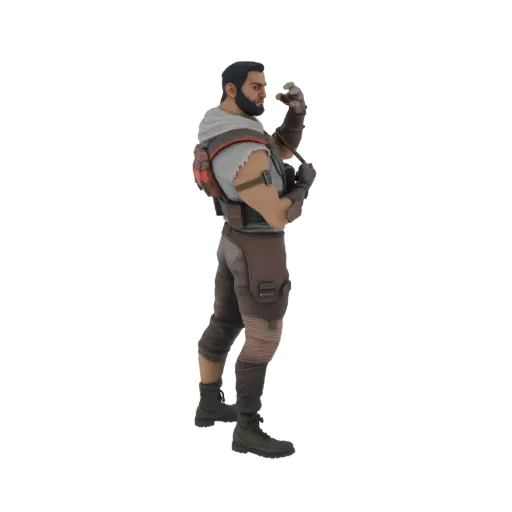 3D model of a tactical operative with a backpack, wearing a torn shirt and tactical vest, viewed from the side.