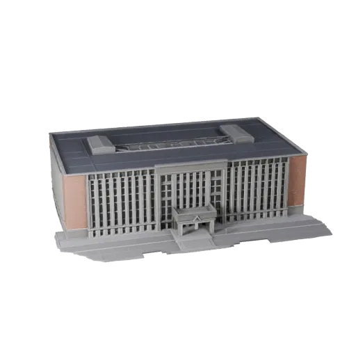 Modelo 3D realista de Subestación Eléctrica, vista exterior a tres cuartos, mostrando materiales de construcción industrial y