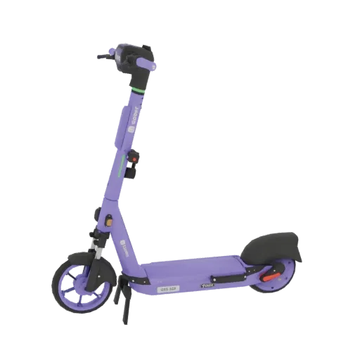 A 3D model of a purple electric scooter with black handlebars and seat, shown from a side angle.