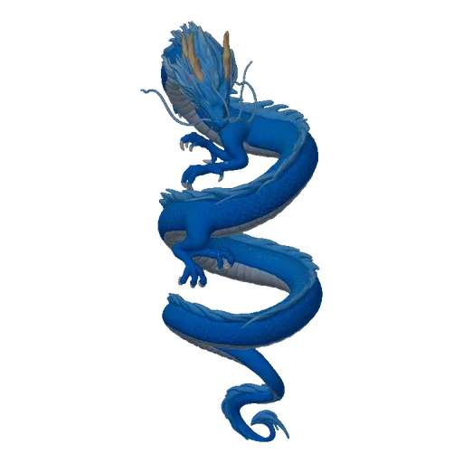 A detailed 3D model of a majestic blue Eastern dragon coiled in a dynamic pose against a black background.