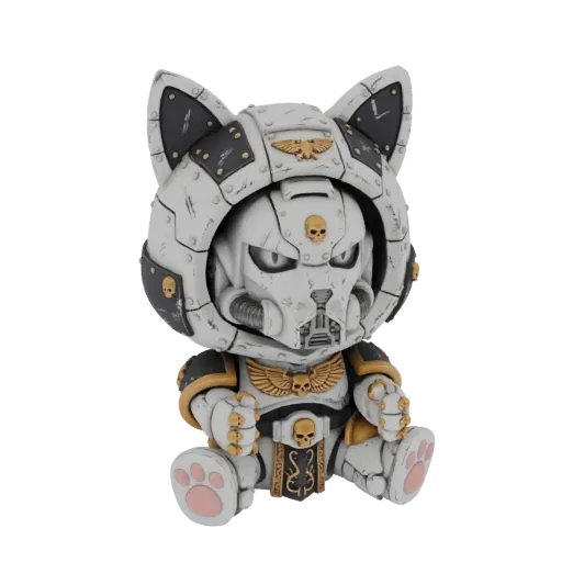 3D model of a chibi cat dressed in Warhammer 40k Space Marine armor, sitting and looking forward.