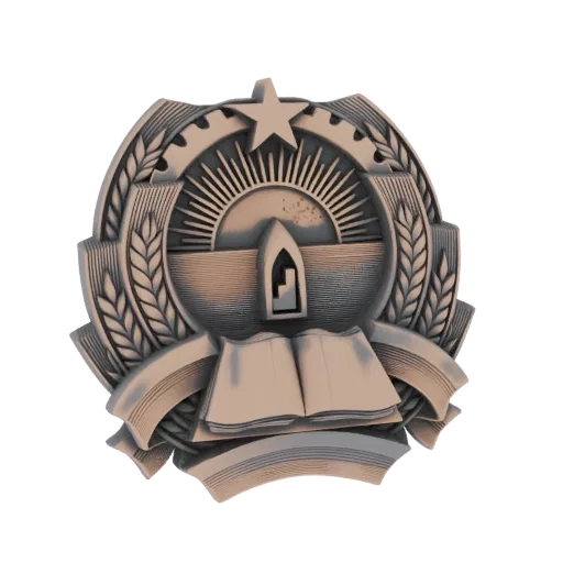Modelo 3D de emblema educacional bronze metálico com livro aberto, sol nascente e estrela.