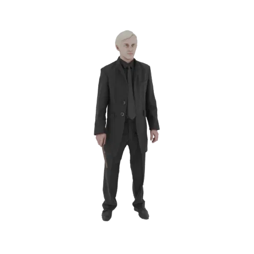 3D model of Draco Malfoy from Harry Potter, wearing a black suit and holding a wand.