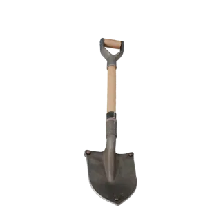 Vintage Shovel 3D model, three-quarter front view, Unity viewport, showing painted metal, functional silhouettes.