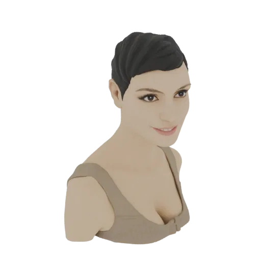 3D model render of a female bust with short dark hair, wearing a taupe top, with a neutral expression.