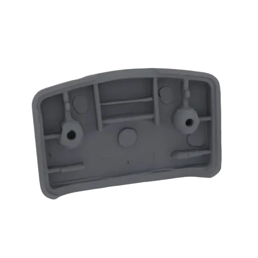 3D render of a gray plastic license plate mount bracket, viewed from the back with mounting holes visible.