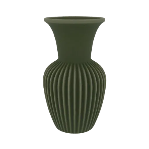 A 3D model of a tall, elegant vase with vertical ribbing and a matte green finish, presented on a white background.