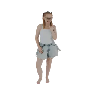 Modelo 3D de una niña con gafas y shorts de mezclilla, sacando la lengua y haciendo un gesto de rockero.