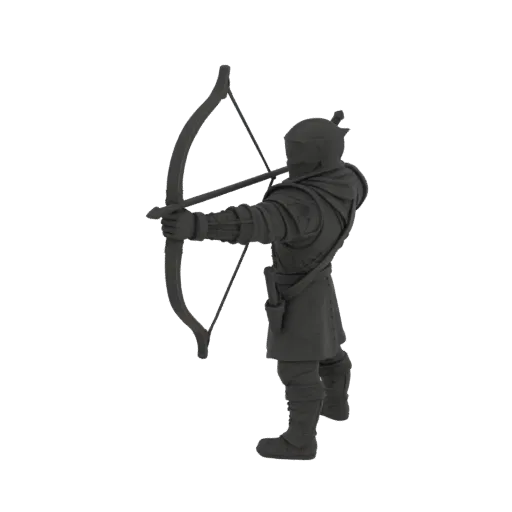 Miniatura STL de Guardabosques Medieval Apuntando, render de mesa a tres cuartos, miniatura de escaramuza imprimible en resin