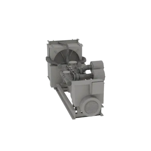 3D-Modell einer grauen industriellen Luftkompressor-Einheit mit großem Lüfter, Rohren und Motorbasis vor schwarzem Hintergrun