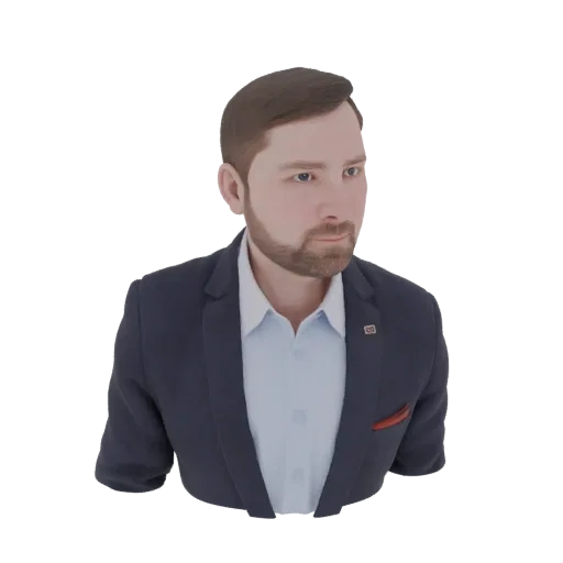 Render de modelo 3D del busto de un hombre con traje azul, camisa blanca y pañuelo rojo, con pelo corto castaño y barba.