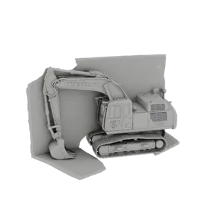 3D model of a NEMBO SAND excavator, shown in a neutral gray material, with detailed tracks, boom, and bucket.