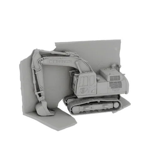 3D model of a NEMBO SAND excavator, shown in a neutral gray material, with detailed tracks, boom, and bucket.