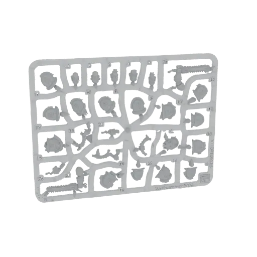 Modellino 3D di uno sprue di ricambio Warhammer 40,000 Red Scorpions, con varie armi e componenti corazza.