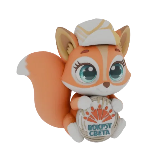 3D model of a cute, cartoon-style orange squirrel wearing a hat and holding a circular emblem with Russian text.